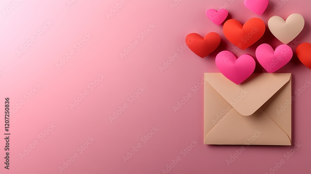 Poster pink background with a white envelope and a bunch of hearts on it. the envelope is open and the hear