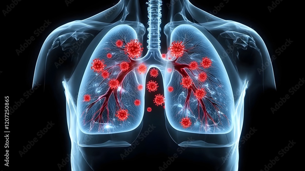 Aufkleber futuristic x ray view showcasing the spread of red viral particles through the lungs highlighting th