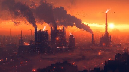 Fototapeta premium Apocalyptic Industrial Sunset over Smog-Filled City