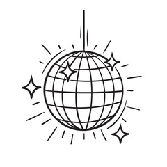 Doodle Vector Illustration of a Disco Ball in Cartoon Style. Isolated on white background. Fun drawing cartoon style icon. Perfect for party invitations, retro-themed designs, music events