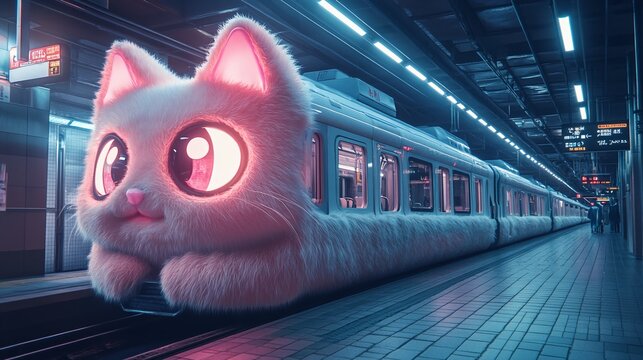 Whimsical Cat Train Stationed in a Neon-Lit Subway with an Adorable Feline Design