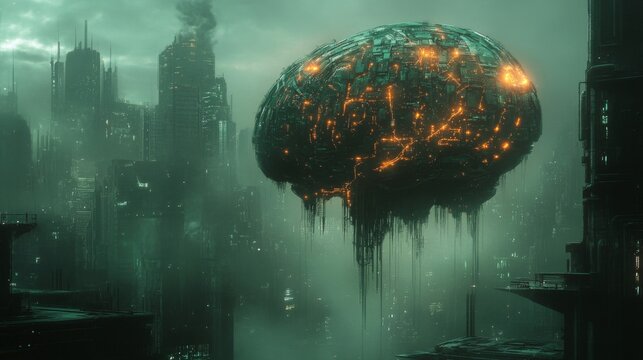 Glowing Brain Hovers Over Futuristic Cityscape