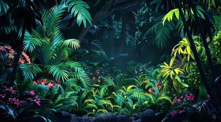 A lush tropical jungle with vibrant foliage and flowers, lit by a soft glow in the distance.