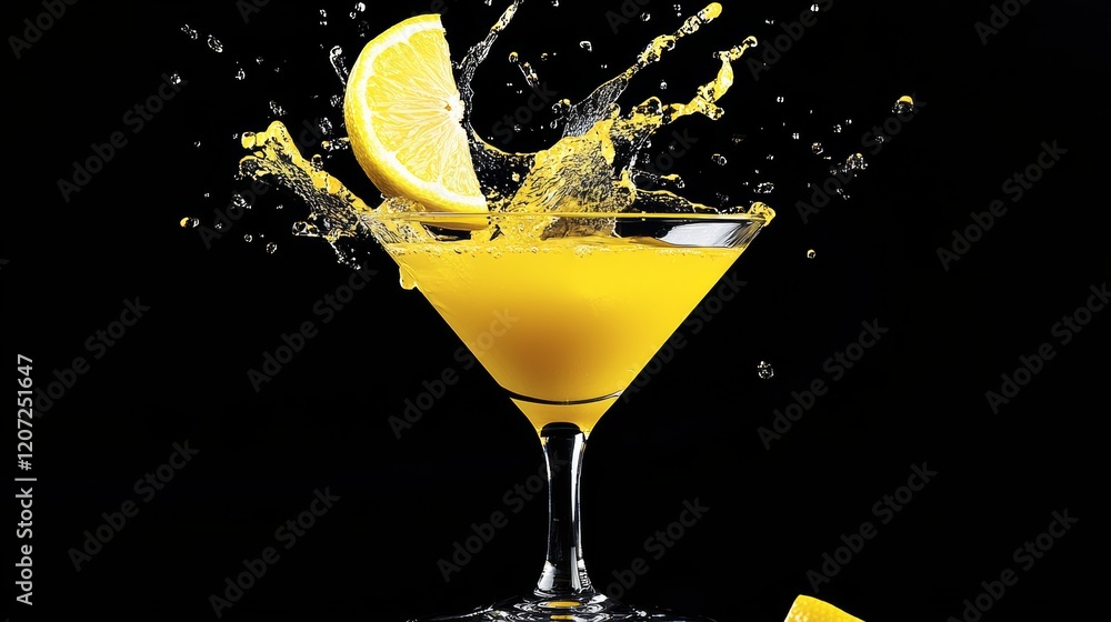 Poster glass of orange juice with a slice of lemon in it. the glass is half full and the lemon slice is flo