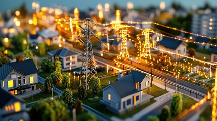 Naklejka premium A miniature urban landscape illuminated by soft lights, showcasing houses, power lines, and a sense of tranquility in a vibrant setting.