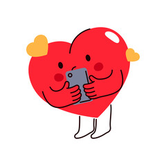 Vector heart texting or sending sms via smartphone. Icon with love element or sign for Valentines day. Cartoon loving message poster. Isolated element for affection and passion. lover relationship.