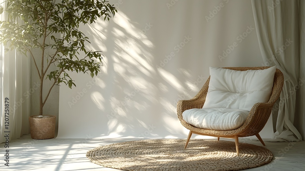 Poster minimalist and modern sofa chair set against a bright sunlit studio backdrop creating a serene and t