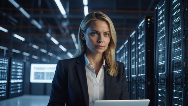 big data center with a female chief technology officer standing confidently in the warehouse, using a laptop to activate glowing servers