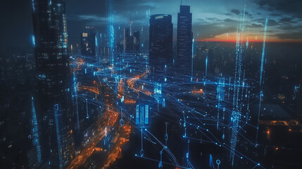 Fototapeta premium abstract professional business team people connection of line from nail node to node on Smart digital cityscap and skyline background , Innovation networking concept