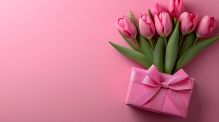Fototapeta premium Pink flowers in a pink box with a pink ribbon. The flowers are arranged in a vase and the box is placed on a pink background. Concept of love and affection, as the pink flowers
