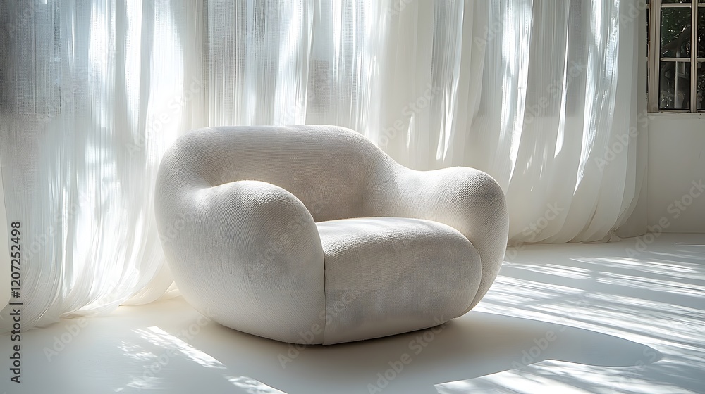 Poster minimalist sofa chair set against a white studio backdrop with natural sunlight streaming through an