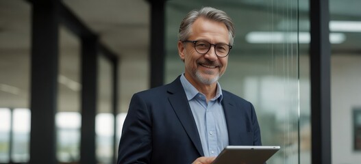 A 50-year-old manager, radiating professionalism, stands near a glass wall