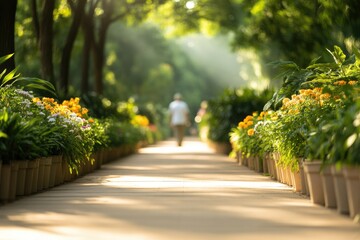 commercial photography for advertising campaign garden path lined with blooming flowers and vibrant greenery sunlight