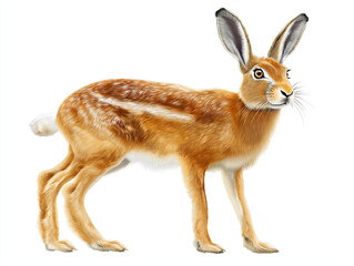 Fototapeta premium European Hare (Lepus europaeus) - A detailed hand-drawn depiction of a European Hare, featuring its long ears, muscular legs, and tawny brown fur, isolated on white