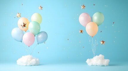Fototapeta premium Pastel colored balloons sparkling stars and fluffy clouds floating on a vibrant blue background creating a magical and celebratory setup for birthday or Christmas photography