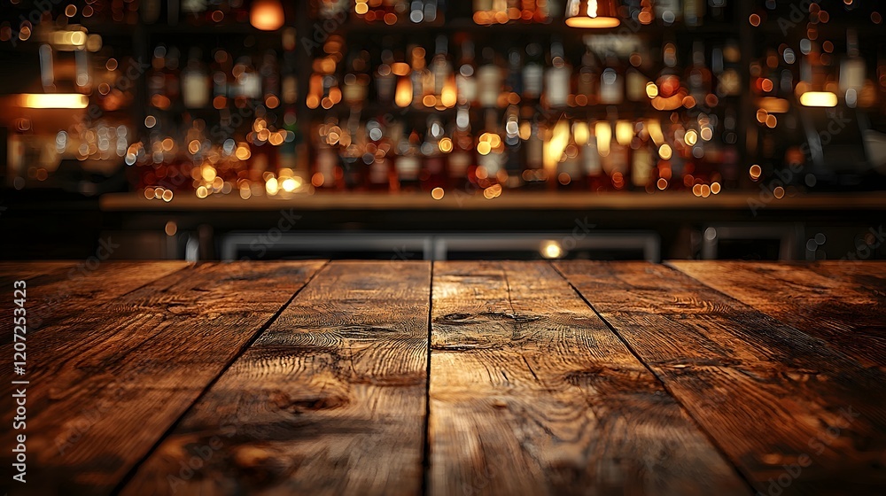Poster Rustic and Cozy Bar Background with a Warm and Inviting Wooden Table in the Foreground   Perfect for Product or Food Mockup Display Advertising Branding and Marketing Presentations