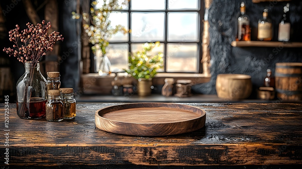 Poster rustic and cozy countryside bar background featuring a weathered wooden plate placed on a vintage st