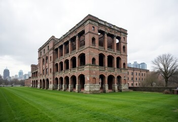 Red brick building with arches and green lawn