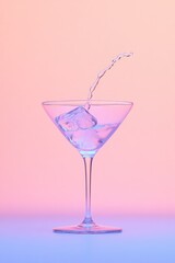low-key lighting showcases cocktail glass mid-pour neon-colored liquid cascading dramatically over ice