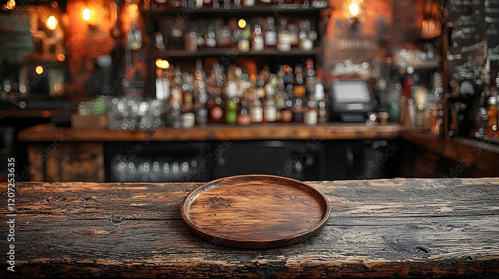 Poster rustic and weathered bar table background with a wooden plate in the foreground perfect for creative