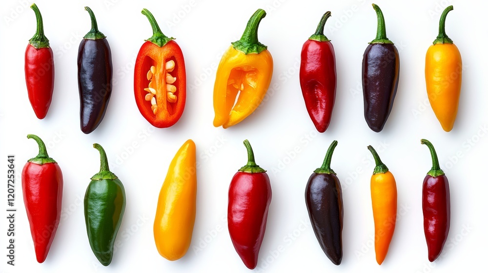 Poster row of peppers with one of them cut in half. the peppers are of different colors and sizes