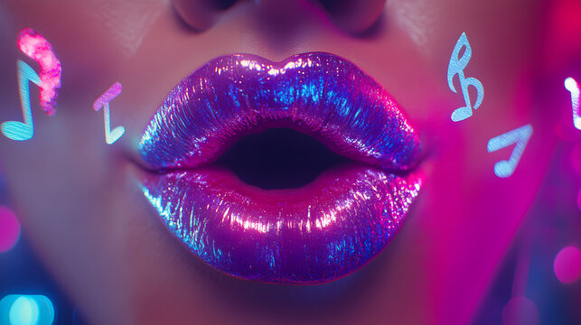 Vibrant Lips with Colorful Music Notes and Neon Glow Effects