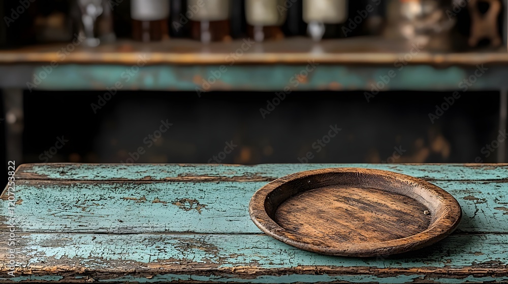 Poster rustic and weathered wooden table with a vintage wooden plate in the foreground set against a dark m