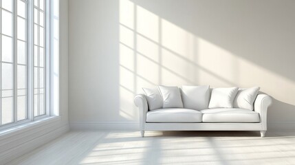 Bright White Minimalist Living Room Interior with Sunlight Streaming Through Large Window