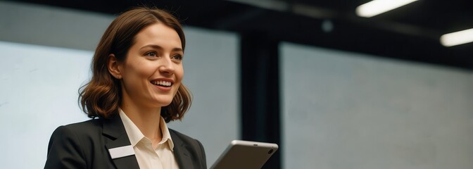 A businesswoman at a tech event, confidently presenting the latest in AI services, engage with the audience