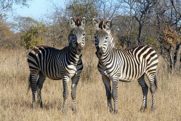 Obraz premium Zebra with Foal - Grazing. Beautiful simple AI generated image