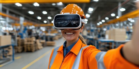 Enthusiastic engineer wearing VR gear in a bustling industrial setting embodies innovation and technological advancement.