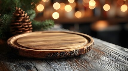 Obraz premium Rustic countryside bar scene featuring a weathered wooden plate placed on a cozy softly lit table with a glowing bokeh effect in the background creating a warm and inviting atmosphere