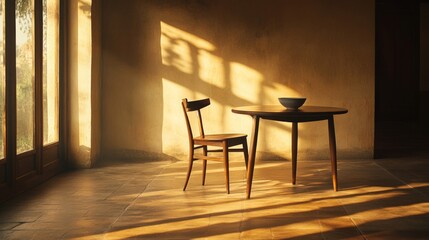 Fototapeta premium Warm Sunlight Illuminates Empty Room with Wooden Chair and Table