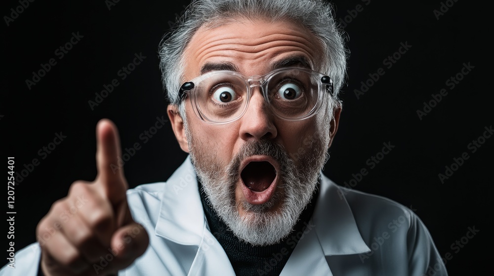Poster man with glasses and a white lab coat pointing at something. he looks surprised and is making a gest