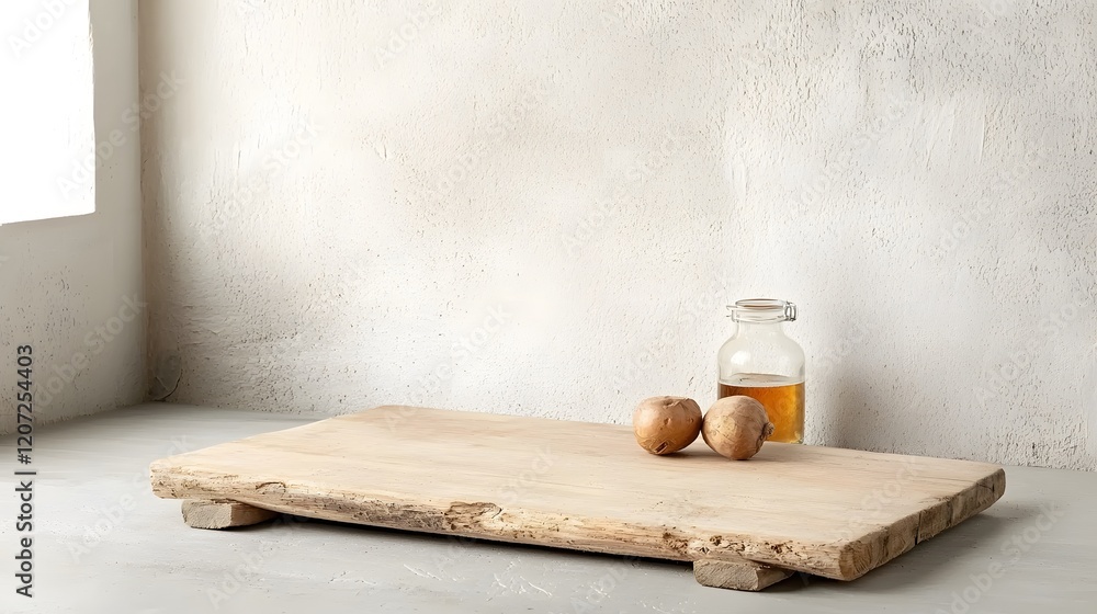 Aufkleber rustic warm and simple wooden table board against a plain countryside bar background ready for displ