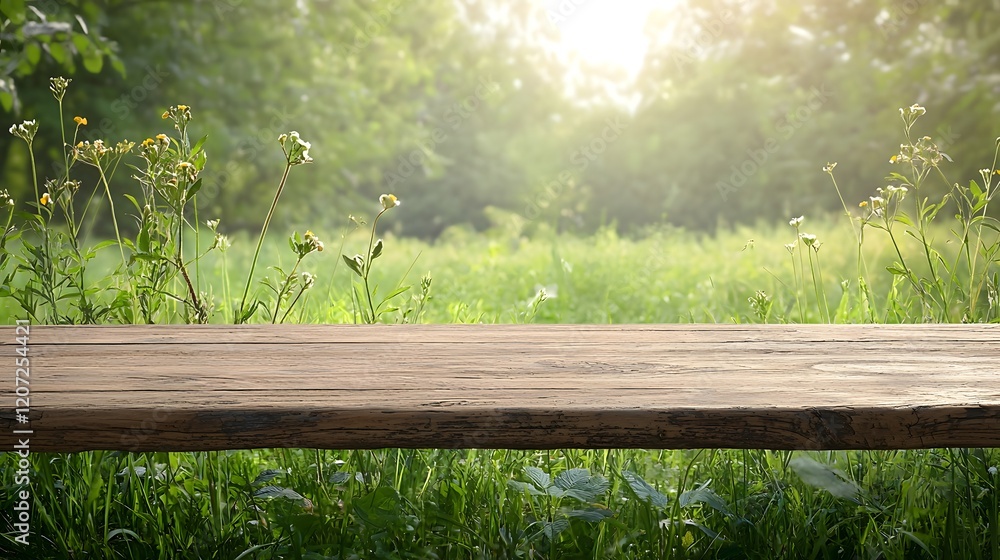 Aufkleber rustic weathered wooden table in the foreground of a scenic countryside bar background with lush gre