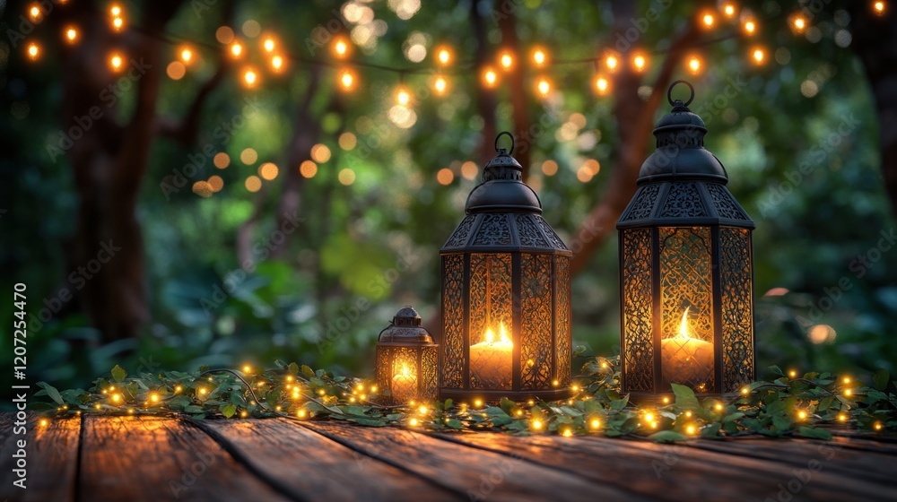 Aufkleber illuminated lanterns and string lights on rustic wooden table in garden at night.