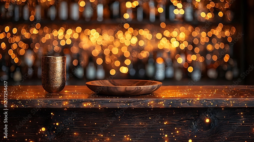 Poster Rustic wooden bar with a plate and table in the foreground surrounded by a golden bokeh glow for a cozy and elegant ambiance  The warm festive lighting creates a luxurious
