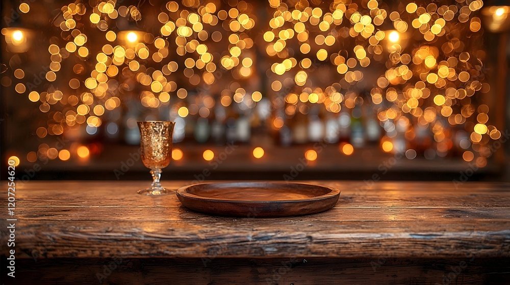 Poster rustic wooden bar table with a plate in the foreground surrounded by a warm golden bokeh glow that c