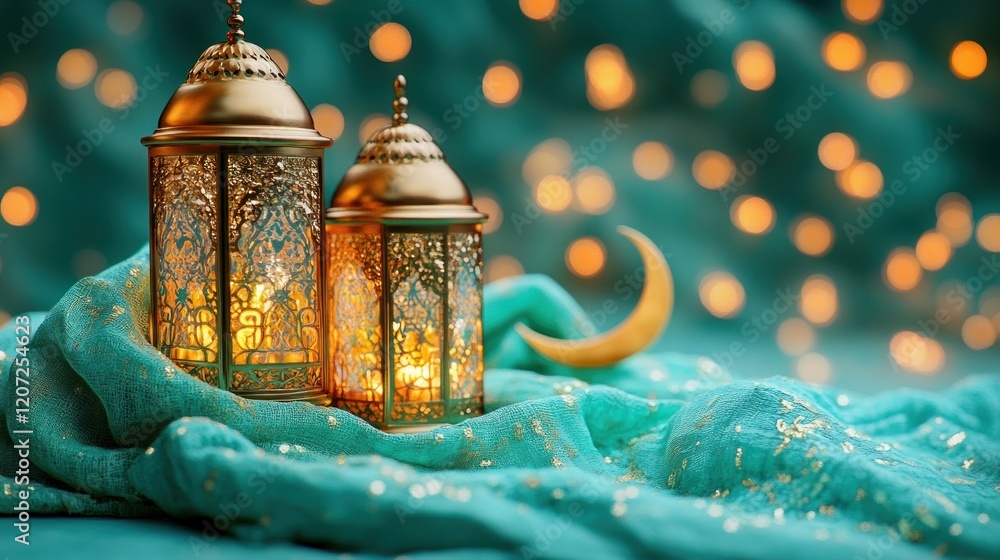 Aufkleber illuminated lanterns and crescent moon on teal fabric with bokeh lights.