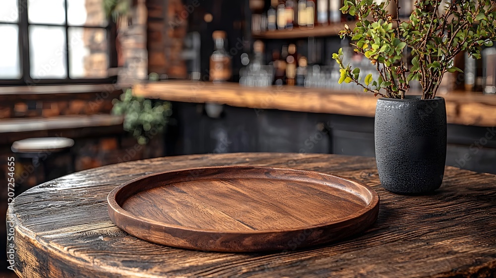 Poster Rustic wooden plate and table in the foreground of a cozy countryside bar ideal setting for creating product mockups or capturing mouthwatering food photography