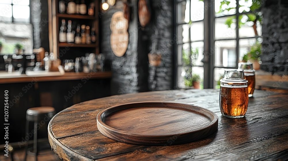 Poster rustic wooden plate and table in the foreground of a cozy countryside bar providing an ideal setting