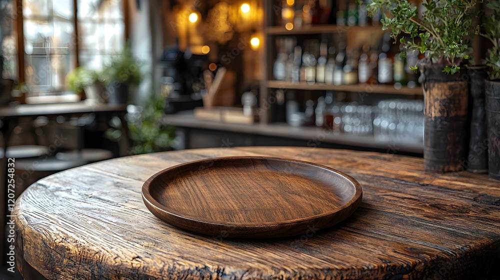 Poster rustic wooden plate displayed prominently on a natural wood table in the foreground of a cozy countr