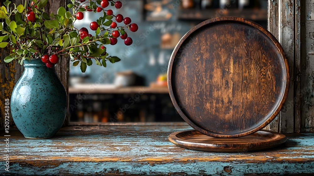 Aufkleber rustic wooden plate on a weathered distressed table in a cozy countryside bar setting perfect for fo