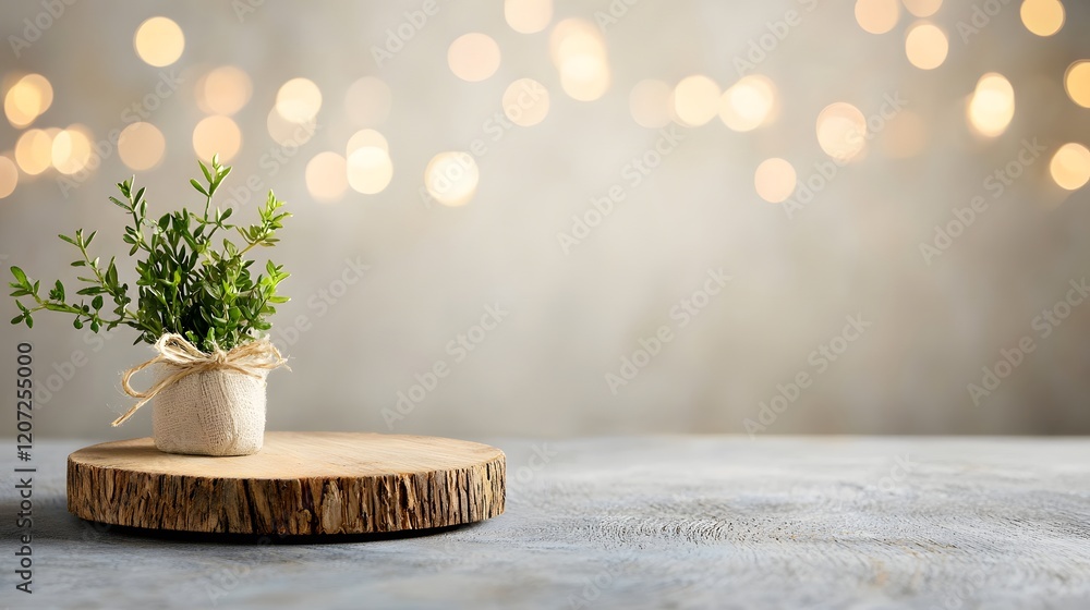 Leinwandbilder Rustic wooden plate or tray positioned at the side with a soft glowing bokeh effect creating a natural and serene background ideal for product photography lifestyle displays and branding mockups
