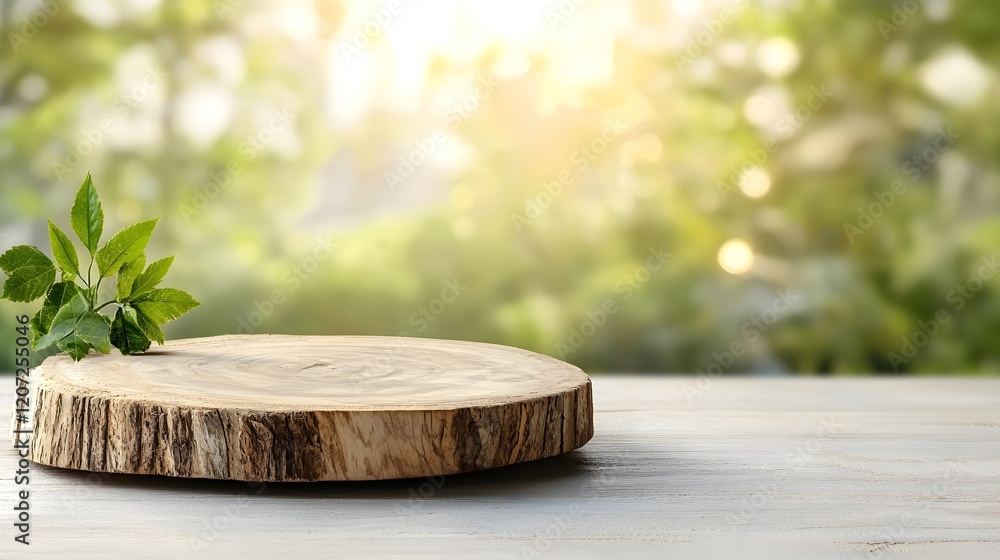 Poster Rustic wooden plate positioned on a table with a glowing bokeh effect in the background creating a natural and peaceful scene ideal for product photography and still life compositions