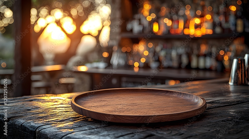 Poster Rustic wooden plate resting on a textured table surface surrounded by a soft golden bokeh glow in a cozy countryside bar setting  The warm