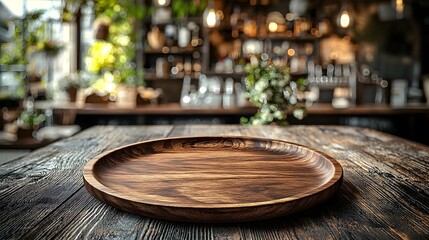 Fototapeta premium Rustic wooden plate placed on a textured vintage inspired table in a warm cozy countryside bar setting The blurred background adds a sense of atmosphere and ambiance creating a homey
