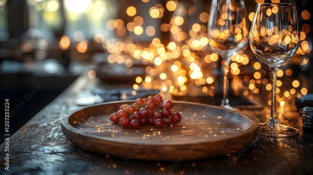 Poster rustic wooden plate set on a table in a cozy countryside bar scene surrounded by a warm and inviting