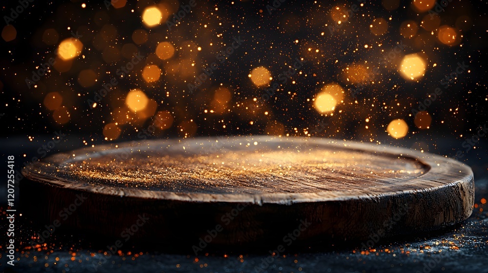 Leinwandbilder rustic wooden plate with a natural finish and a cozy golden bokeh glow in the side background creati